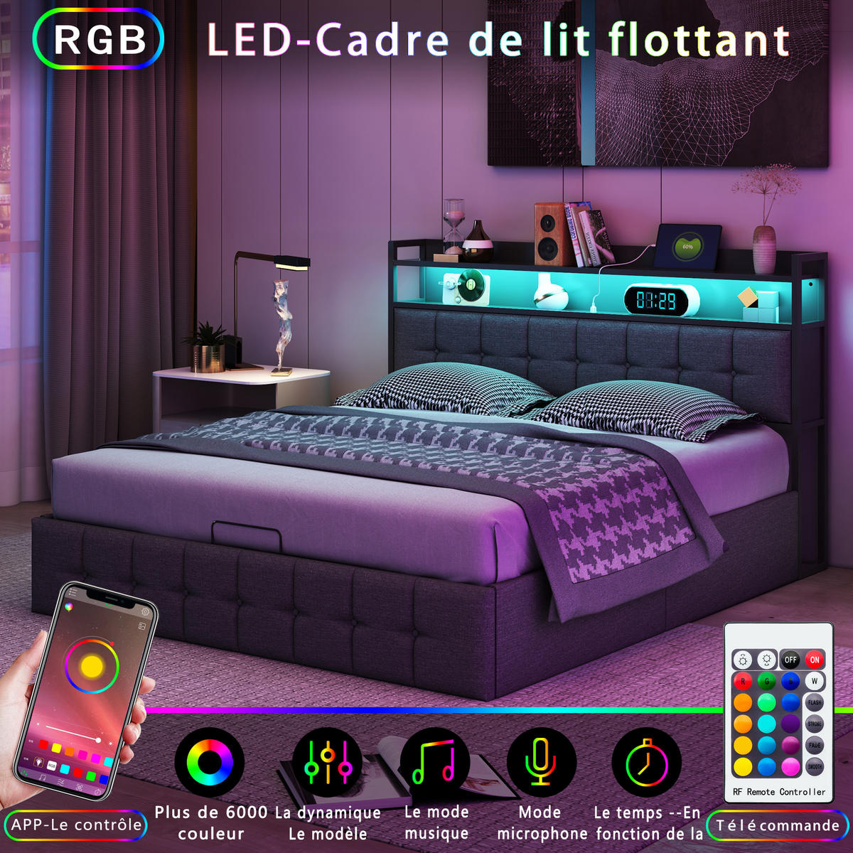 STAURABETT 140x190 GRAU KUNSTLEDER LED LADEANSCHLUSS - Grau, Holzwerkstoff (140/200cm) - SHOPENTRA