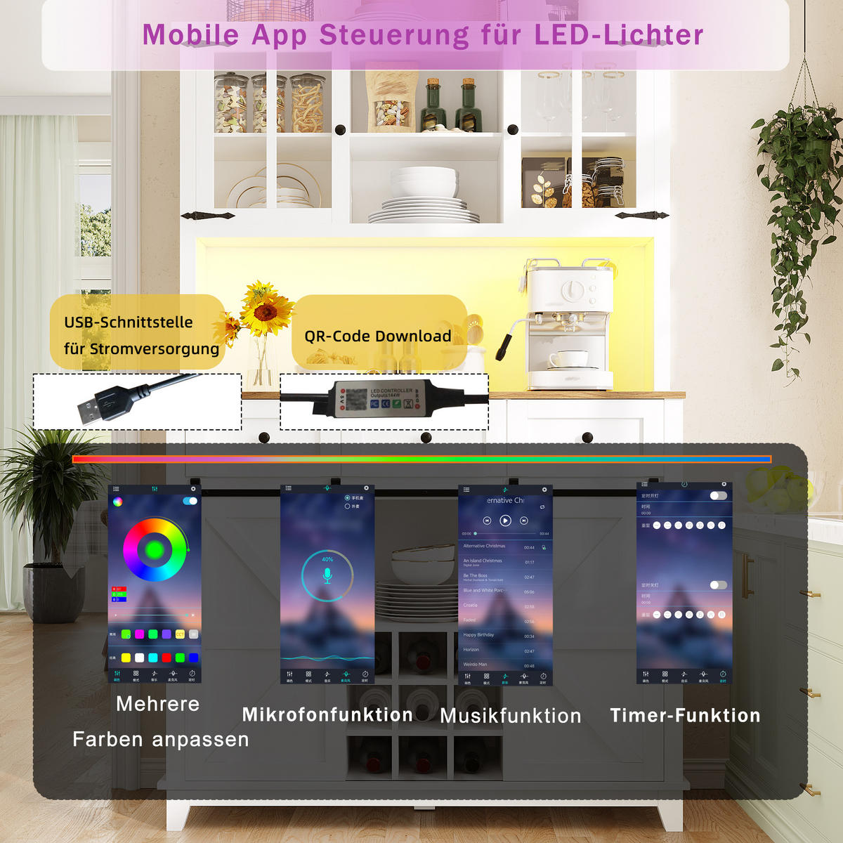 KÜCHENBUFFET mit LED-Beleuchtung, Glaselementen und verstellbaren Einlegeböden, 105 x 38,4 x 180 cm, Weiß, MDF - Weiß, Holzwerkstoff (105/180/38.4cm) - SONNENH