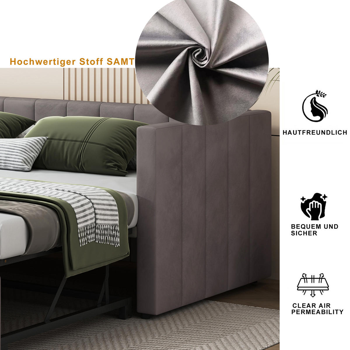 POLSTERBETT 90/180x200 cm ausziehbar grau - Grau, Textil (180/200cm) - LEBENLANG