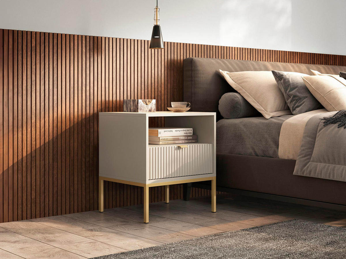 NACHTTISCH Font 54x56x39 cm - Modern Nachtschrank zum Schlafzimmer - EIN praktischer Commode aus Spanplatten - Beige Kaschmir - Beige, Holzwerkstoff (54/56/39cm) - Chilly