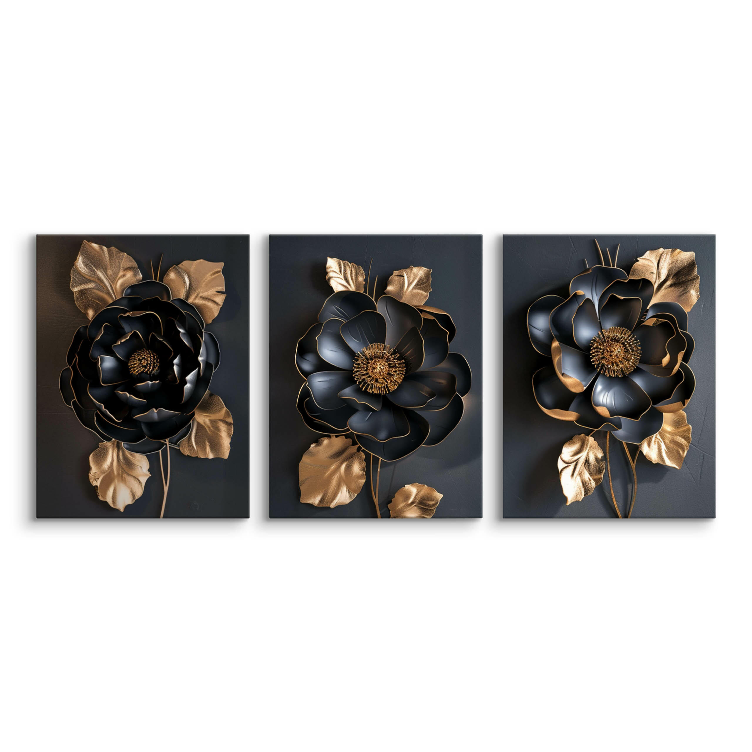 LEINWANDBILDER 3-es Set Blumen 3D Effekt - Beige/Schwarz, Textil (90/40cm) - Muralo