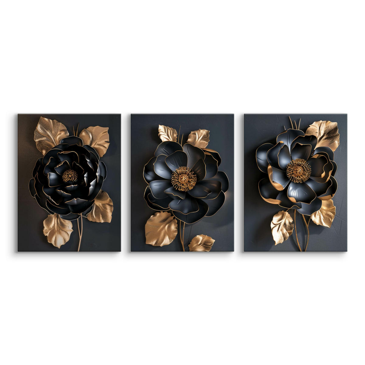 LEINWANDBILDER 3-es Set Blumen 3D Effekt - Beige/Schwarz, Textil (90/40cm) - Muralo