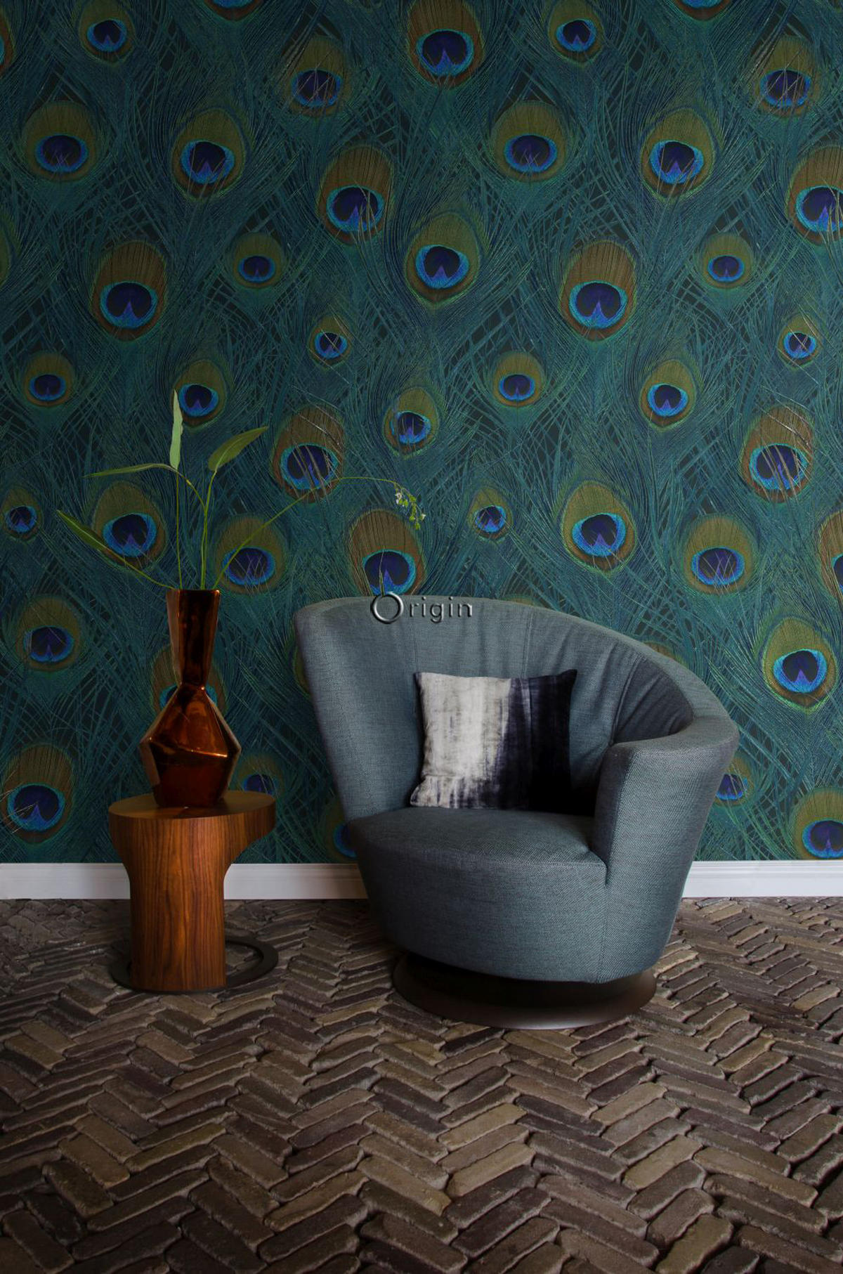 FOTOTAPETE Pfauenfedern 150 x 279 cm - Grün, Papier (150/279cm) - Origin Wallcoverings