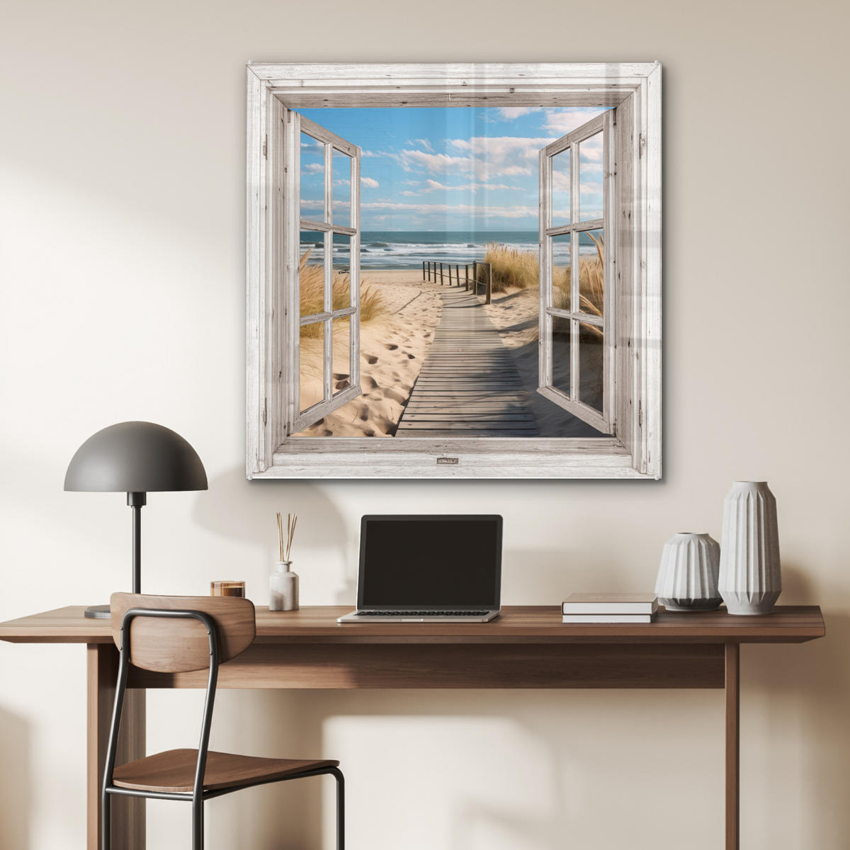 ACRYLGLASBILD Fenster - Meer - Küste - Natur - Ausblick - Strand - Wattenmeer 90x90 cm - Beige, Glas (90/90cm) - MuchoWow