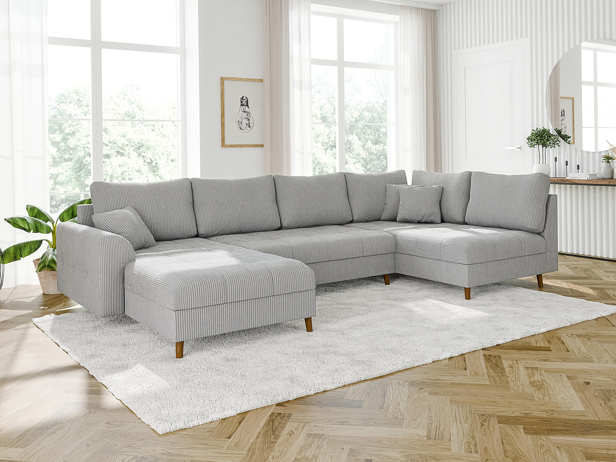 WOHNLANDSCHAFT Alma Hellgrau Cord - Ottomane Links - Hellgrau/Braun, Holz/Textil (310/81/161cm) - S-Style Möbel