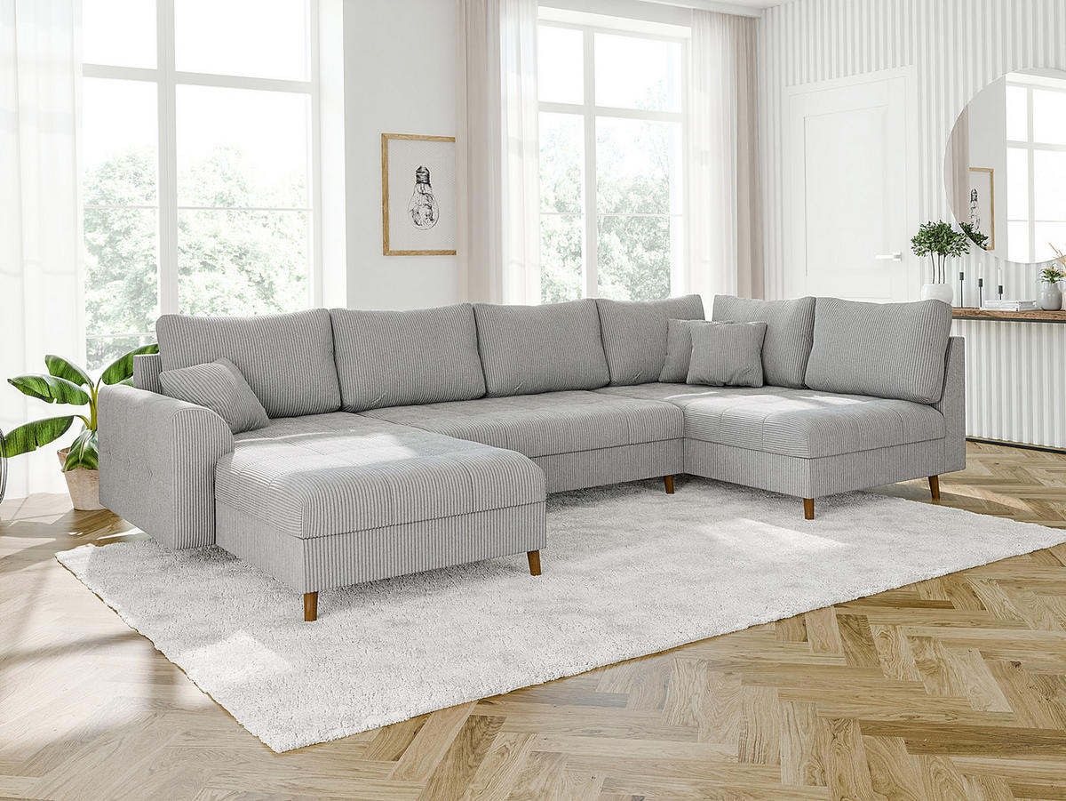 WOHNLANDSCHAFT inkl. Hocker Alma Hellgrau Cord - Hellgrau/Braun, Holz/Textil (310/81/161cm) - S-Style Möbel