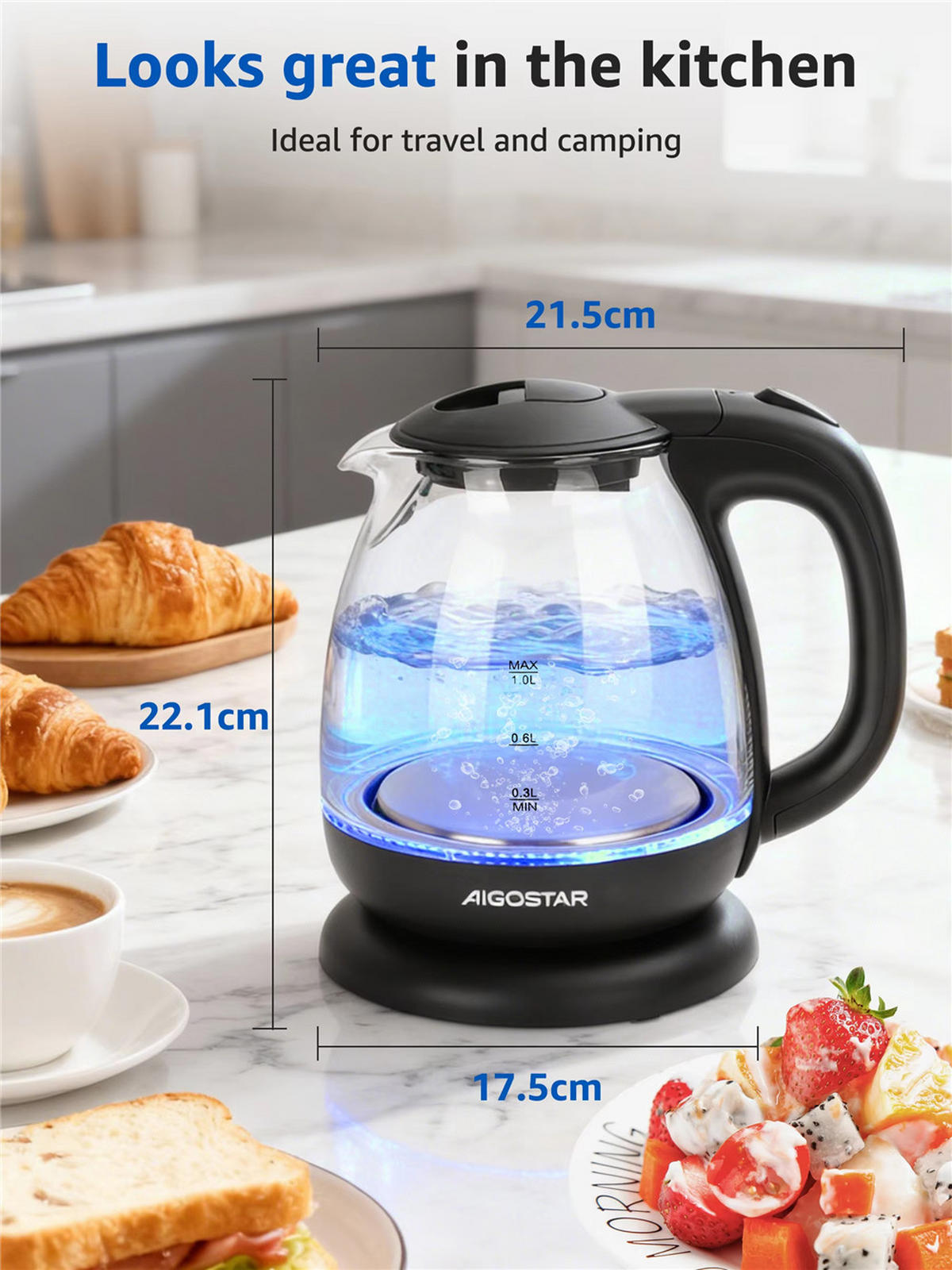 WASSERKOCHER Glas Mini 1L 2200W LED BPA-frei Schwarz - Schwarz, Glas (21.5/22.1/17.5cm) - Kaket