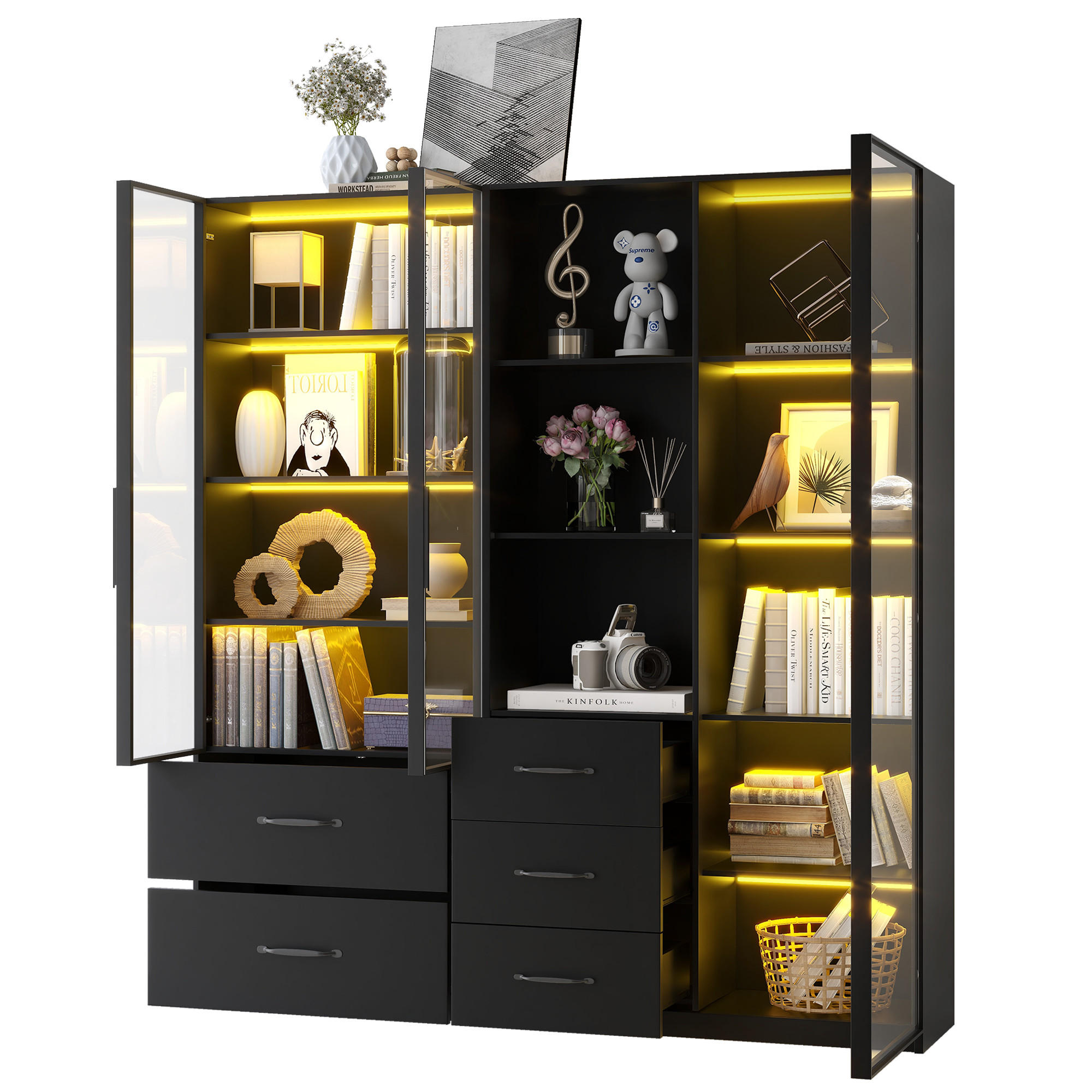 VITRINE in Schwarz Aufbewahrungsschrank mit LED und Schubladen, 80/40/160 cm, Spanplatte+Glass - Transparent/Schwarz, Holzwerkstoff (140/160/40cm) - STILVORA