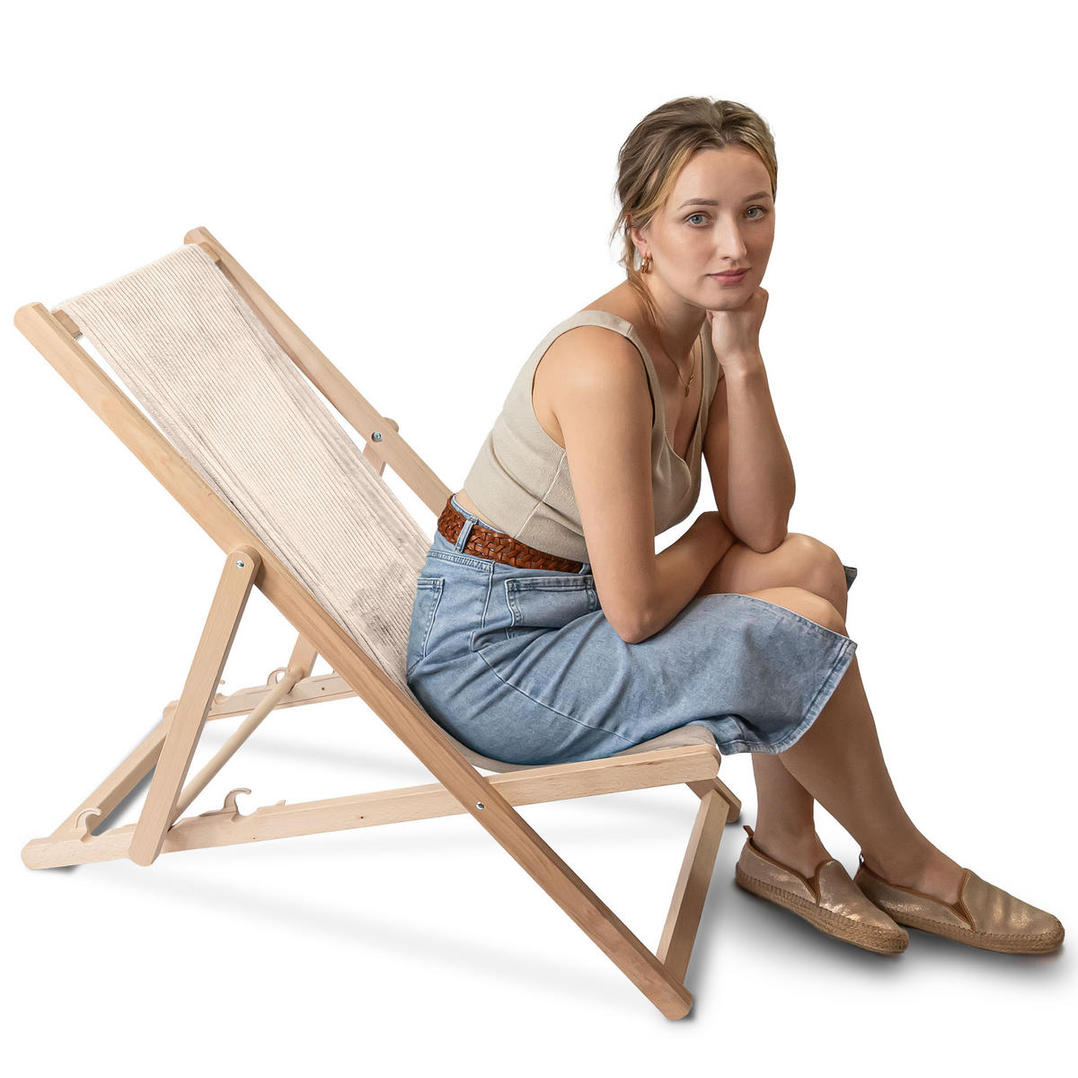 HOLZLIEGESTUHL klappbar Buchenholz Cord-Gewebe Vanilla Ice M - Beige, Holz/Textil (54/85/92cm) - Dreamroots