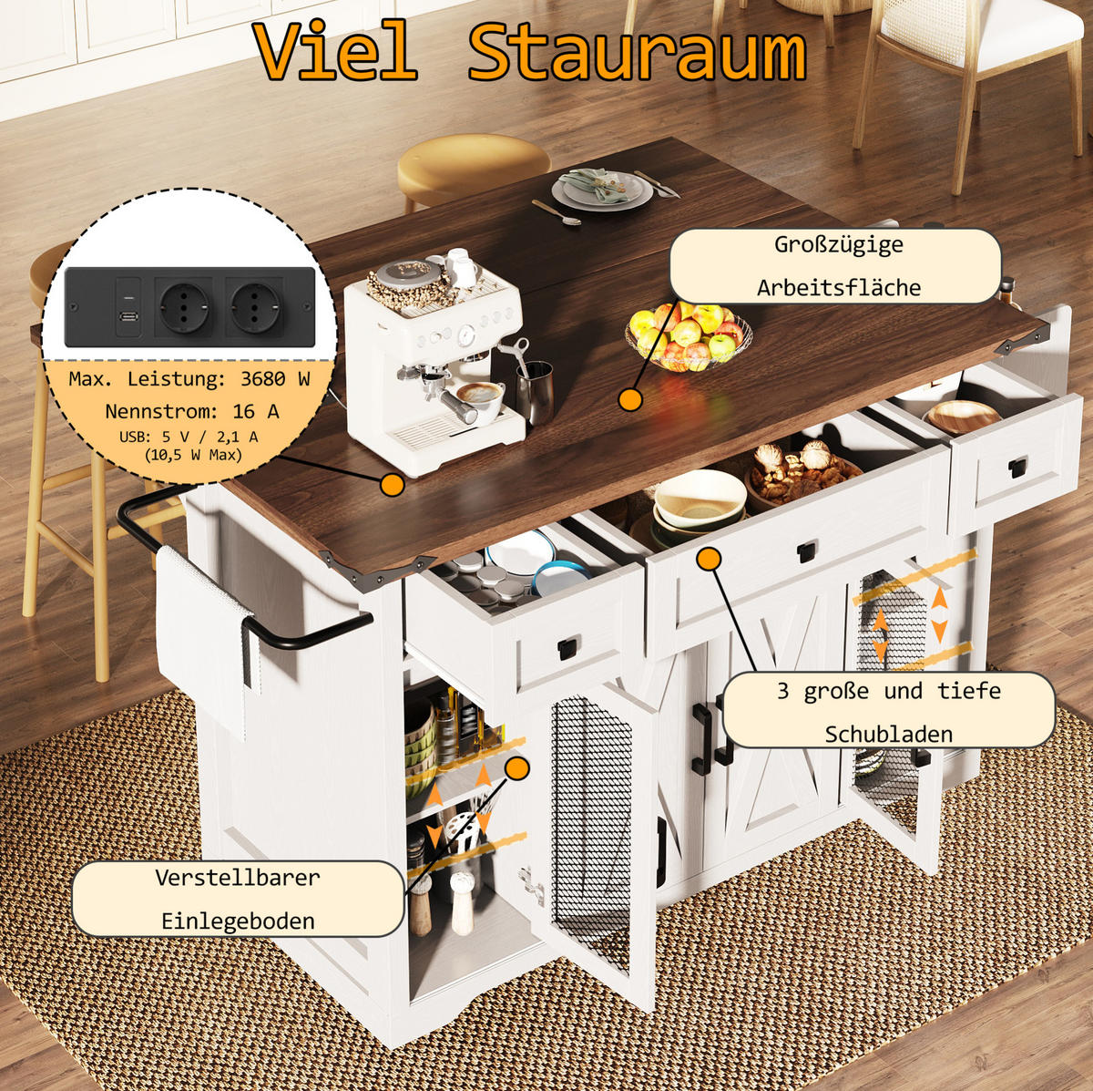 KÜCHENINSELWAGEN mit ausziehbarer Arbeitsplatte 120,2 x 45,3/75 x 91,5 cm Weiß - Weiß, Holz (45.3/91.5/120.2cm) - Beauniv