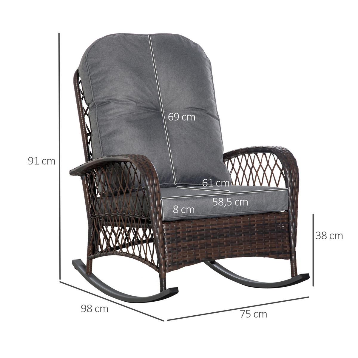 POLY Rattan Schaukelstuhl mit Kissen Braun 75 x 98 x 91 cm - Braun, Kunststoff (98/91/75cm) - Outsunny