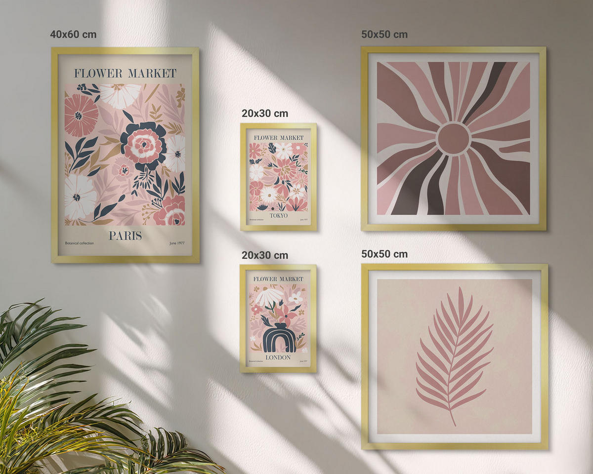 BILDER SET 5er Set - 50x50 cm & 20x30 cm & 40x60 cm Goldrahmen - Blumenmuster, Blätter, Geometrie - Goldfarben, Kunststoff (40/60cm) - TULUP