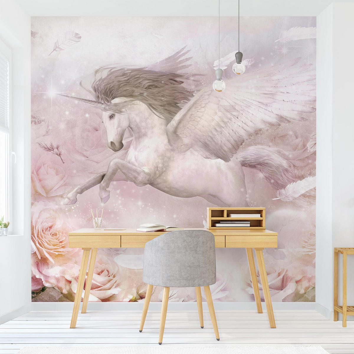 FOTOTAPETE Pegasus Einhorn mit Rosen 192/192 cm - Rosa, Papier (192/192cm) - Bilderwelten