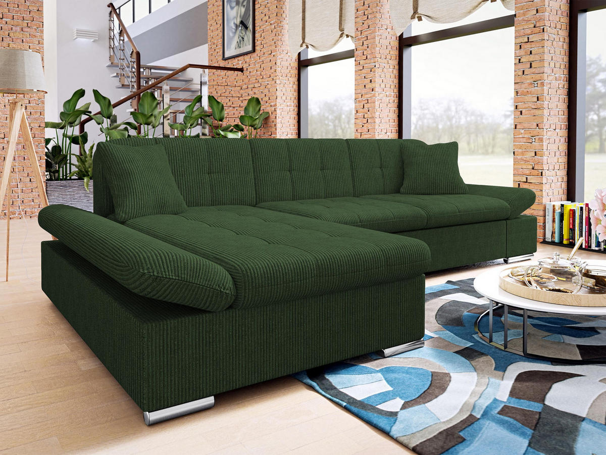 ECKSOFA Malwi Cord, Seite: Links - Dunkelgrün, Holz/Textil (278/161cm) - MIRJAN24