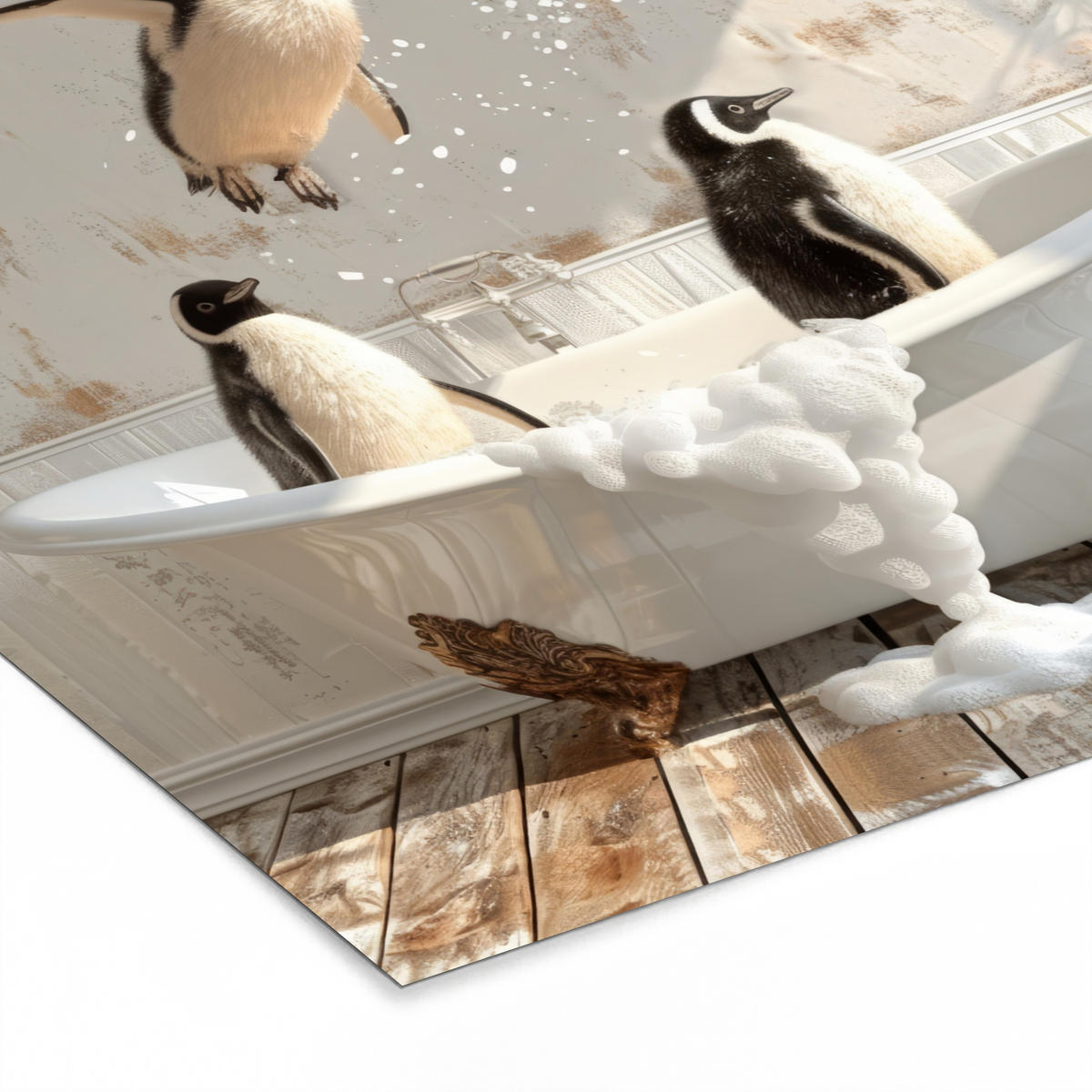 POSTER MIT RAHMEN Vintage - Pinguin - Badewanne - Schaumstoff 40x40 cm - Schwarz, Papier (40/40cm) - MuchoWow