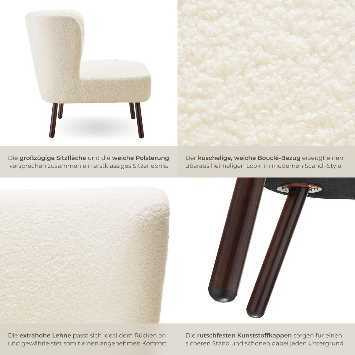 COCKTAILSESSEL Teddy Robina, 61 x 68 x 69 cm,Bouclé off-white - Weiß, Kunststoff (61/69/68cm) - tectake