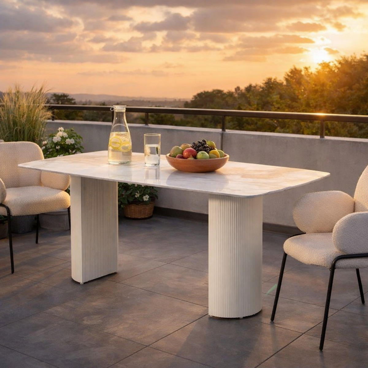 ESSTISCH Keramik Marmor-Optik geriffeltes Säulengestell Weiß 180 × 90 cm - Weiß, Keramik/Metall (90/180/75cm) - HOOZ
