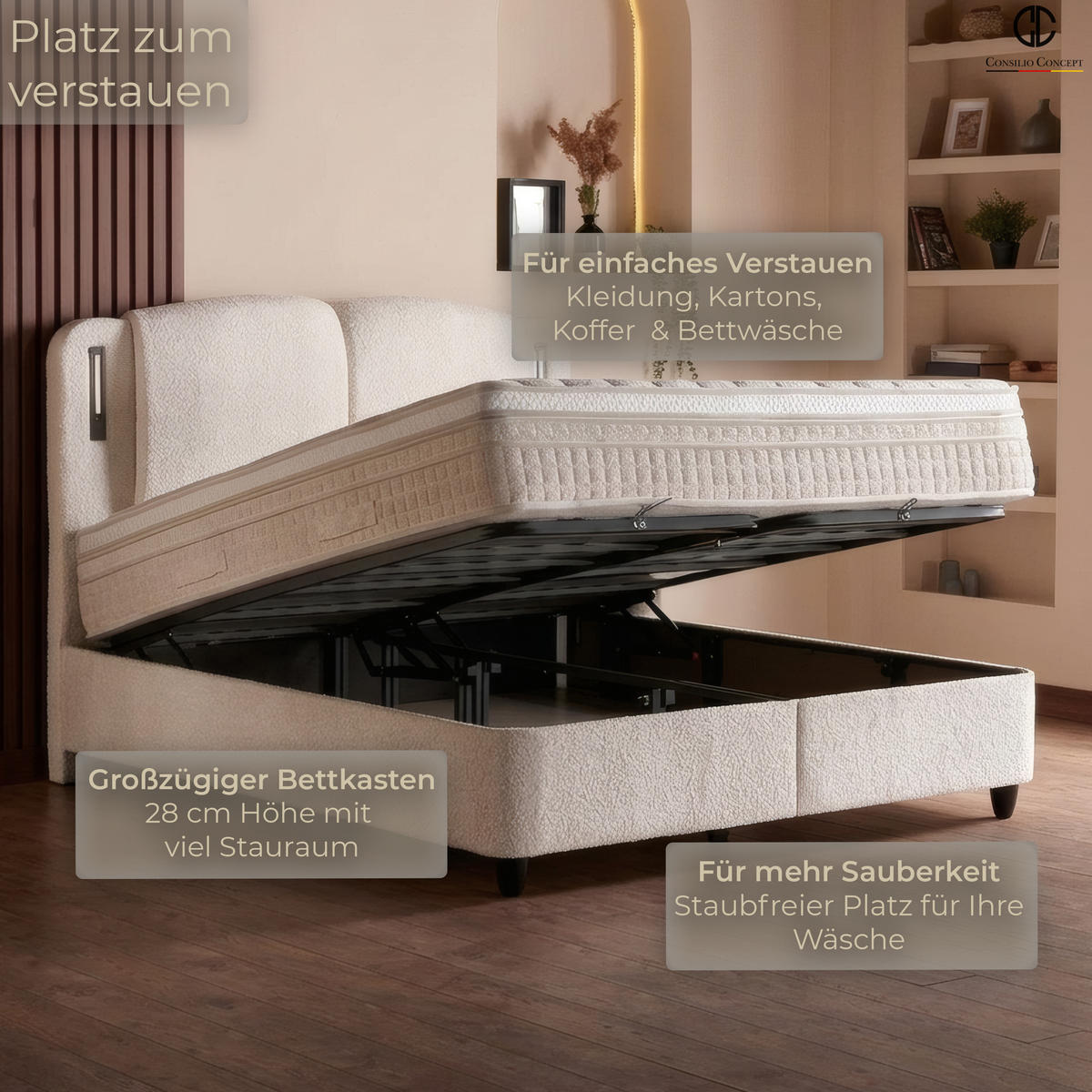 BOXSPRINGBETT MIT BETTKASTEN PORTO 120/200 cm, Beige, Bettkasten, Matratze, Topper integriert, H3 mittel 7-Zonen Matratze - Beige/Schwarz, Holz/Kunststoff (120/200cm) - Consilio Concept