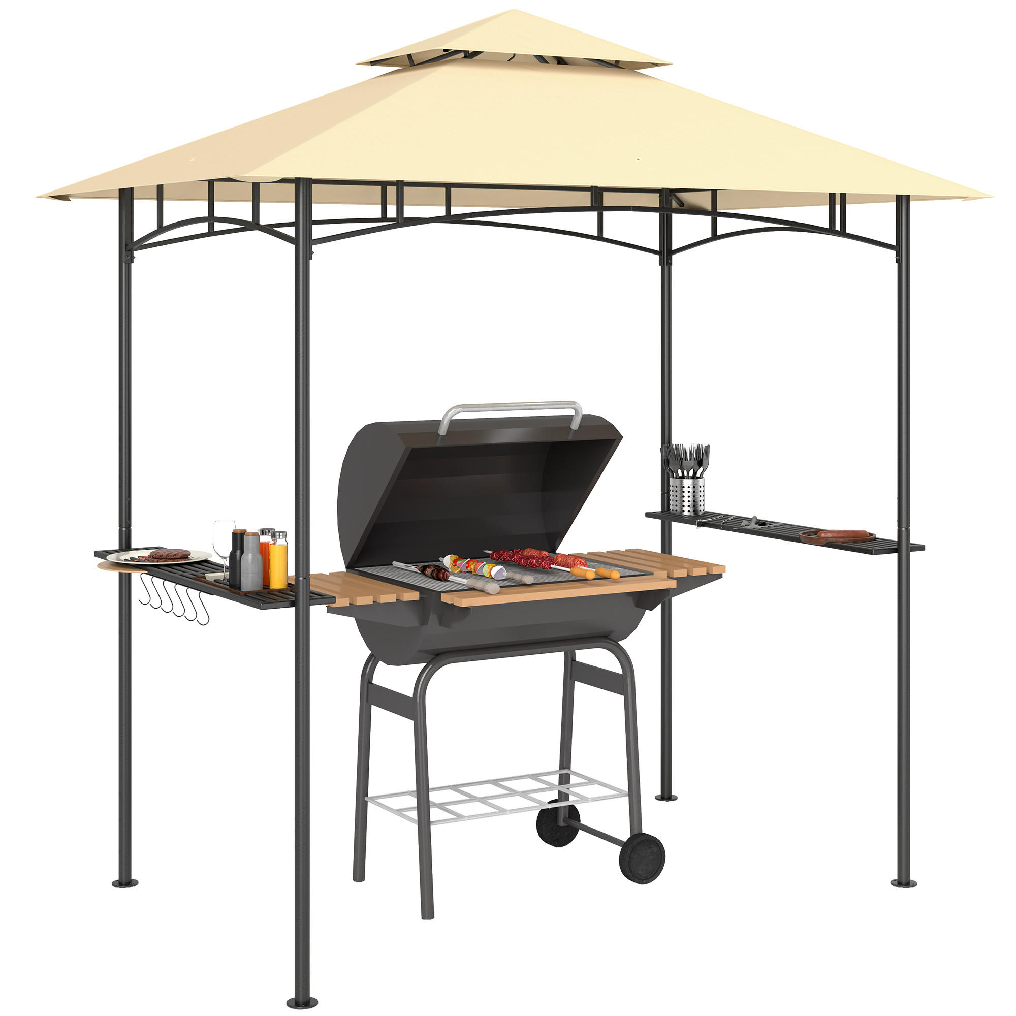 GRILLPAVILLON mit LED 240 x 150 x 258 cm wasserabweisend flammhemmend Gartenpavillon mit Doppelschichtdach - Beige, Metall (240/258/150cm)