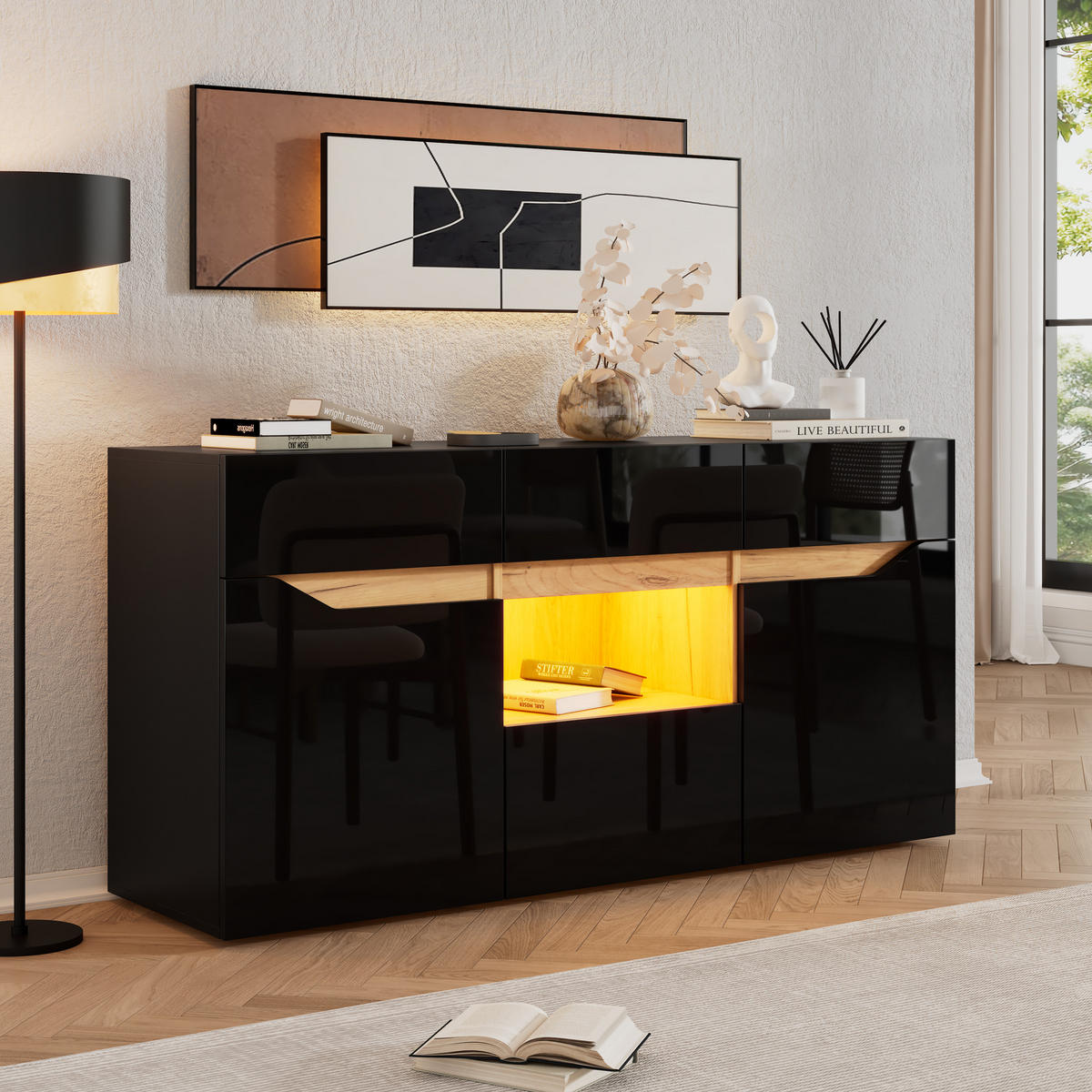 SIDEBOARD LED Schwarz Holz 4 Schubladen 2 Fächer 140x40x70cm - Schwarz, Holzwerkstoff (40/70/140cm) - FLIEKS