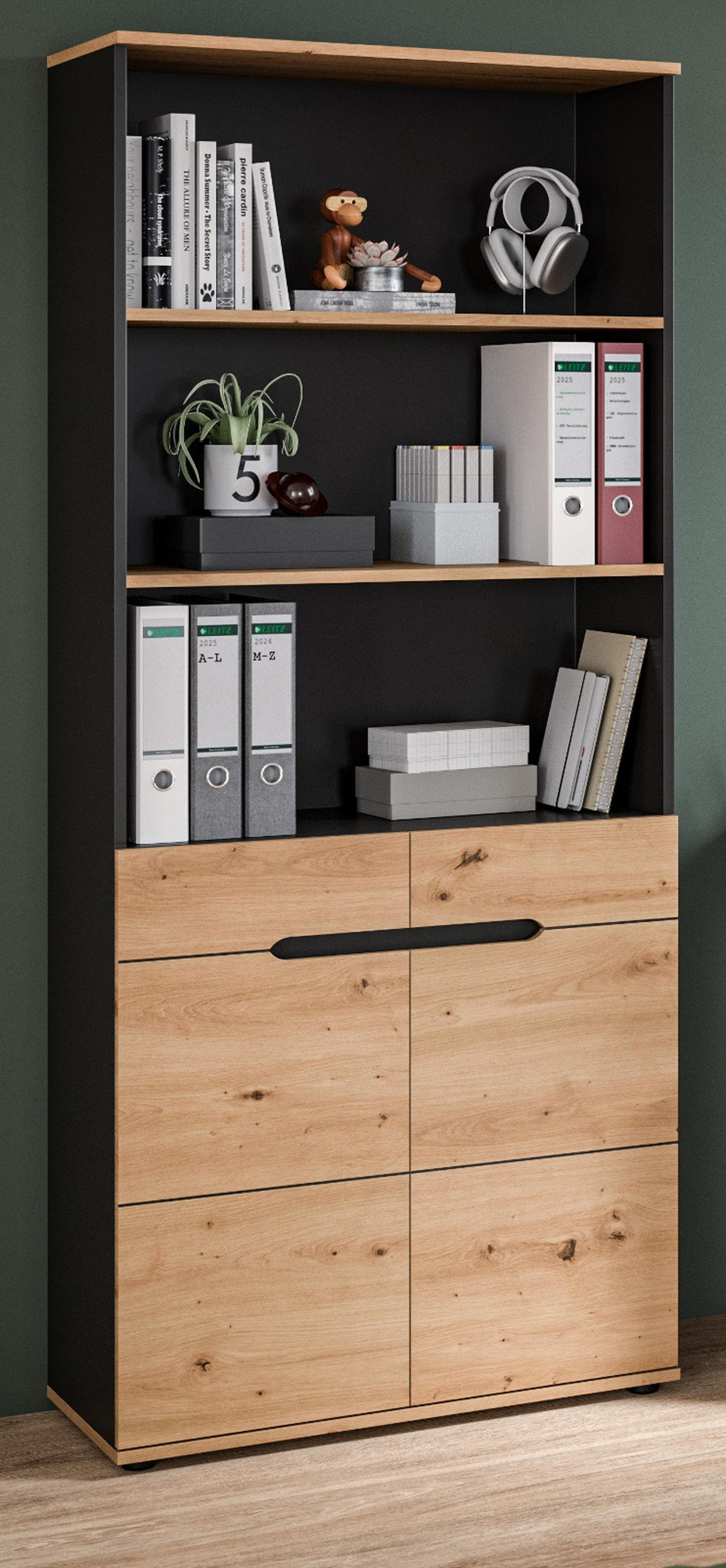 AKTENSCHRANK Eiche Artisan, Grau 80 x 190 cm, Büroschrank mit Soft-Close - Schwarz/Eiche Artisan, Holzwerkstoff/Kunststoff (80/190/37cm) - Inn.Furn