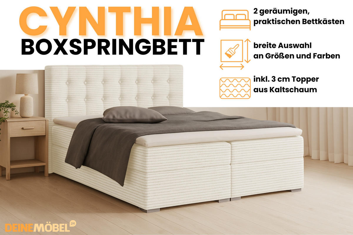 BOXBETT CYNTHIA 180/200 in Cord Creme H3 - Creme, Holz/Holzwerkstoff (180/200cm) - Deine Möbel 24