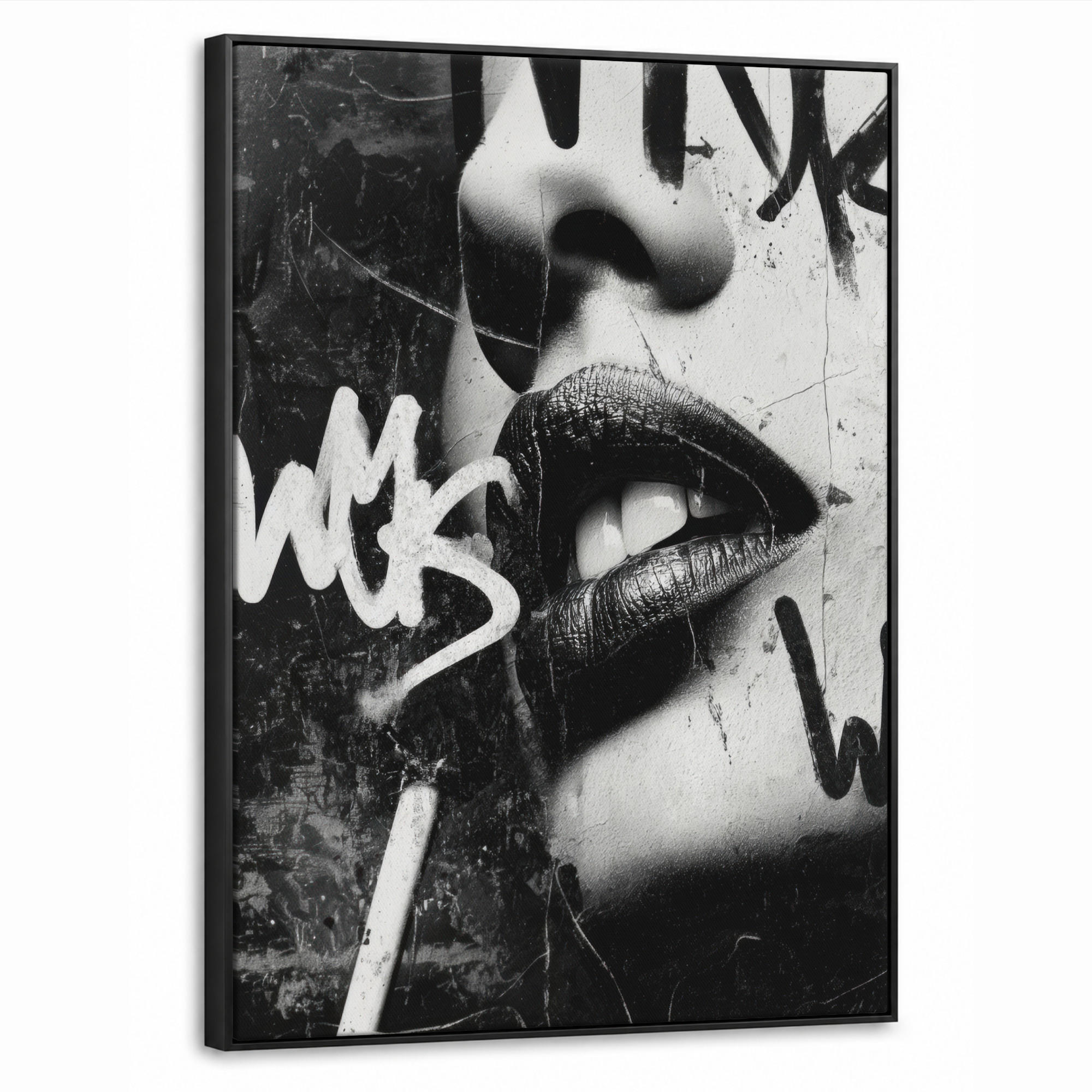LEINWAND Bilder mit Rahmen - Gesicht - Mund - Graffiti - Schwarz - 70x100 - Schwarz, Textil (70/100cm) - MuchoWow