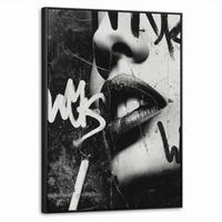LEINWAND Bilder mit Rahmen - Gesicht - Mund - Graffiti - Schwarz - 70x100 - Schwarz, Textil (70/100cm) - MuchoWow