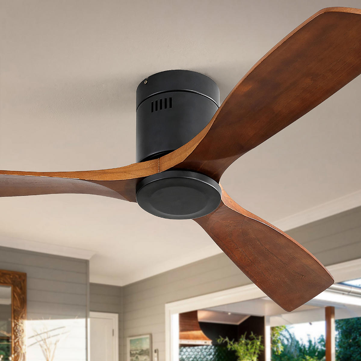 DECKENVENTILATOR DE-16345 52 Zoll Flachbau mit 3 Holzflügeln & reversibel - Schwarz, Holz/Metall (132/132/24.5cm) - ComfortXL