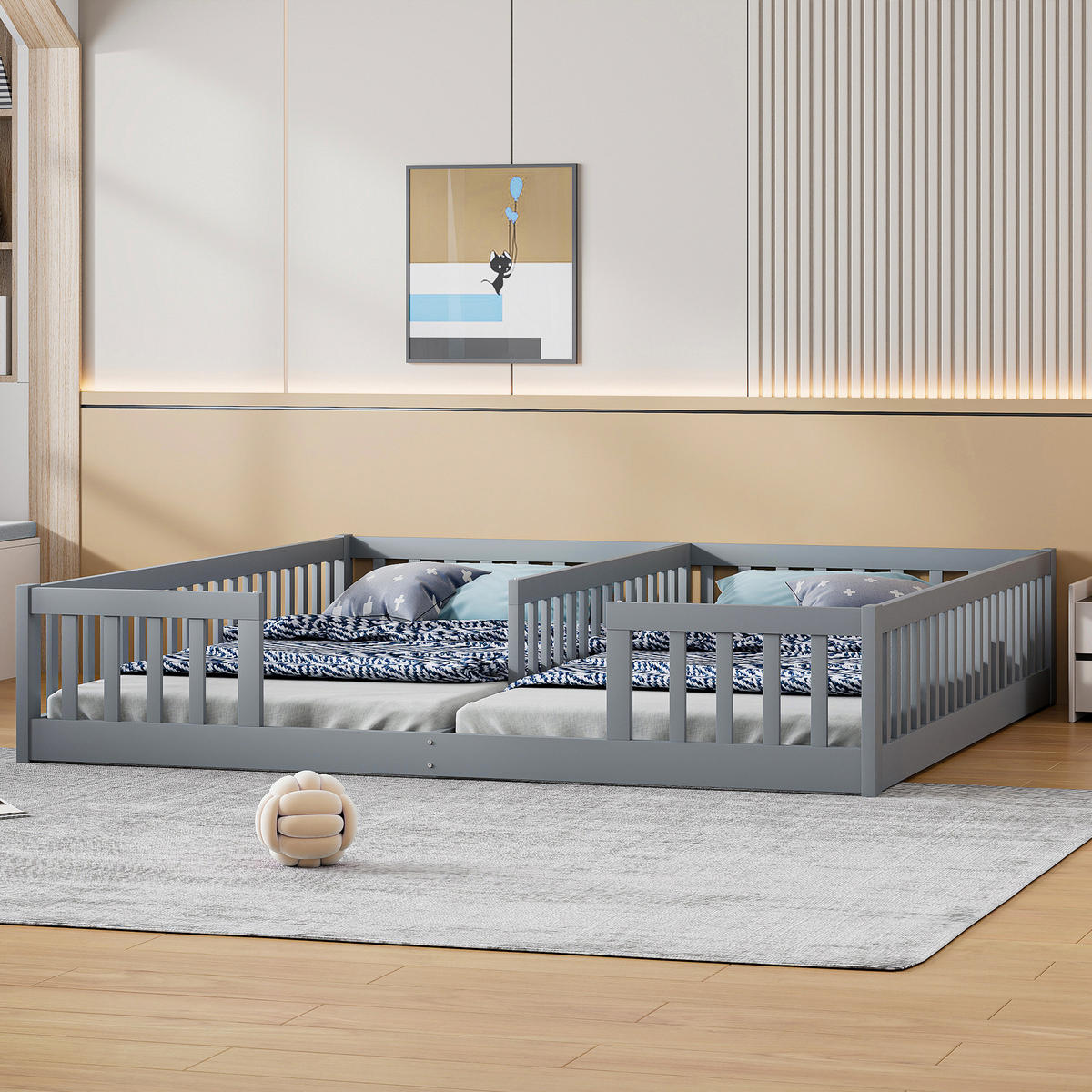 PANELBETT 90x200cm Grau Kiefer Kinderbett Geländer für 2 Kinder - Grau, Holz (90/200cm) - FLIEKS