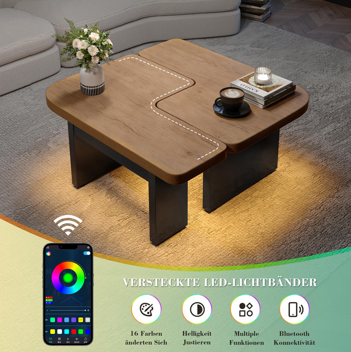 COUCHTISCH 90/60/44,5 cm natur aus MDF mit LED und 2 Schubladen - Naturfarben, Holzwerkstoff (90/60/44.5cm) - OKWISH