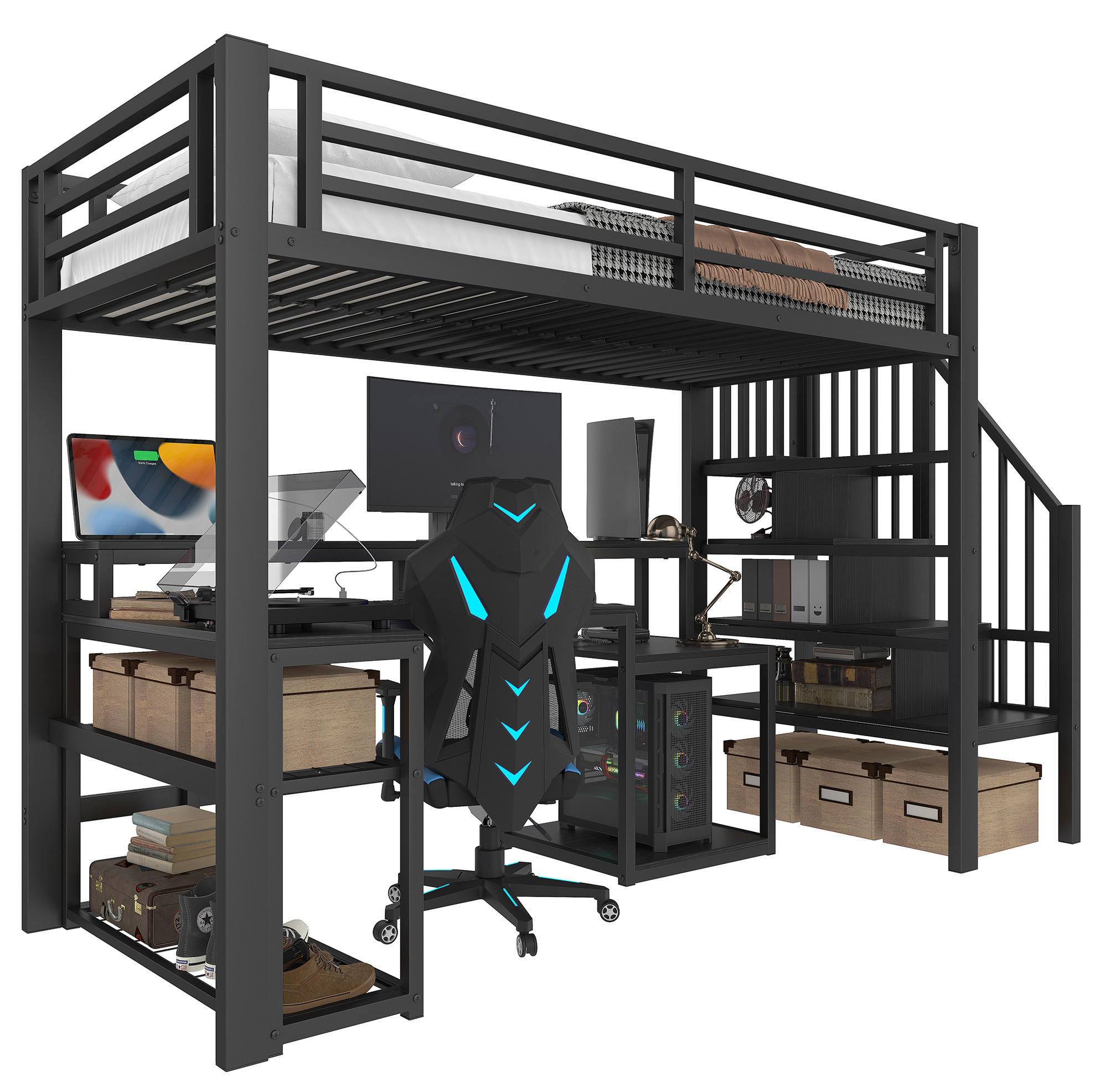 HOCHBETT aus Metall und MDF 90x200 cm Schwarz mit LED, USB-Anschluss, Schreibtisch und Stauraum - Schwarz, Metall (90/200cm) - Modfu