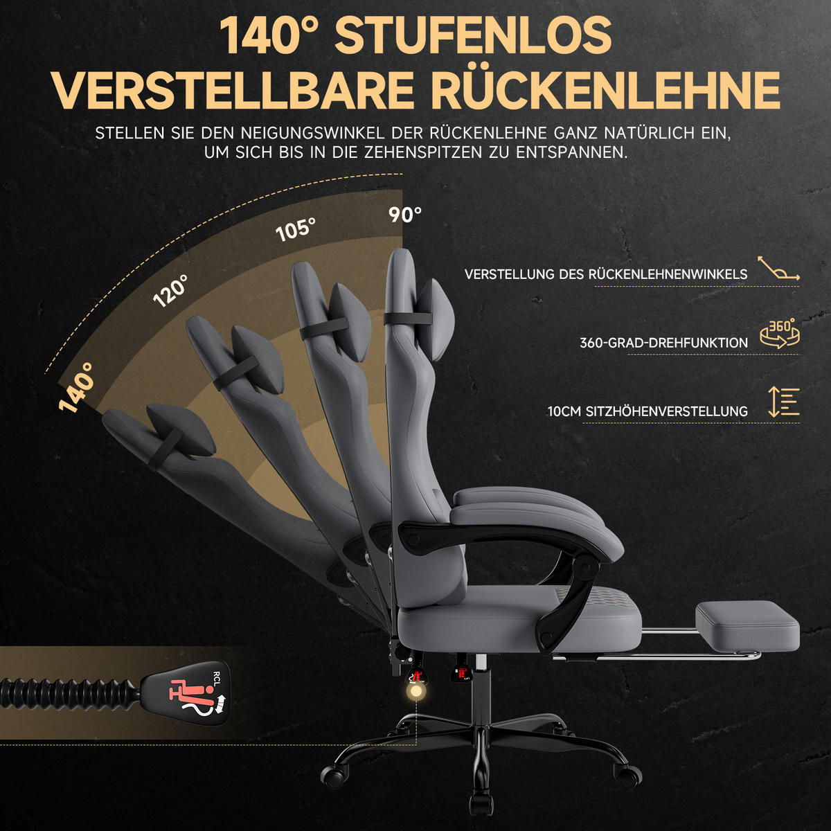 GAMING-STUHL, höhenverstellbar 10,2 cm, Rückenlehne 90–135°, Lederbezug, 58,5/63/120,5 cm, Grau - Grau, Naturmaterialien (63/120.5/58.5cm) - Redom