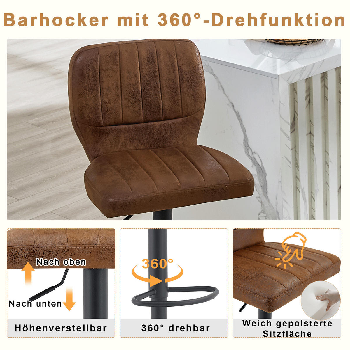 BARHOCKER höhenverstellbar 52 x 45 x 93-114 cm Schwarz/Braun - Schwarz, Metall (45/114/52.1cm) - Meubliv