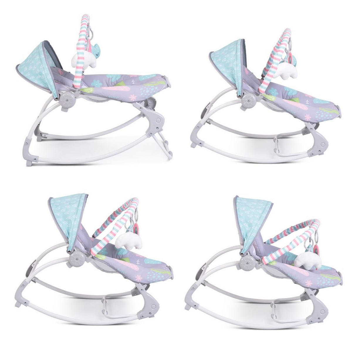 BABYWIPPE Lama grau mit Melodien, Vibration, verstellbaren Rückenlehne, Kissen, ab Geburt - Grau, Metall - Moni