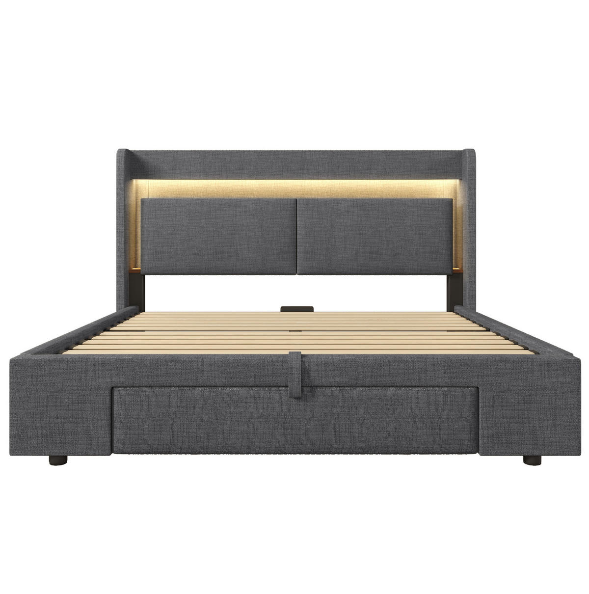 POLSTERBETT 140/200 cm mit LED, USB/USB-C, hydraulischem Stauraum und Kopfteil mit Ablage, Leinen, Grau - Grau, Textil (140/200cm) - Redom