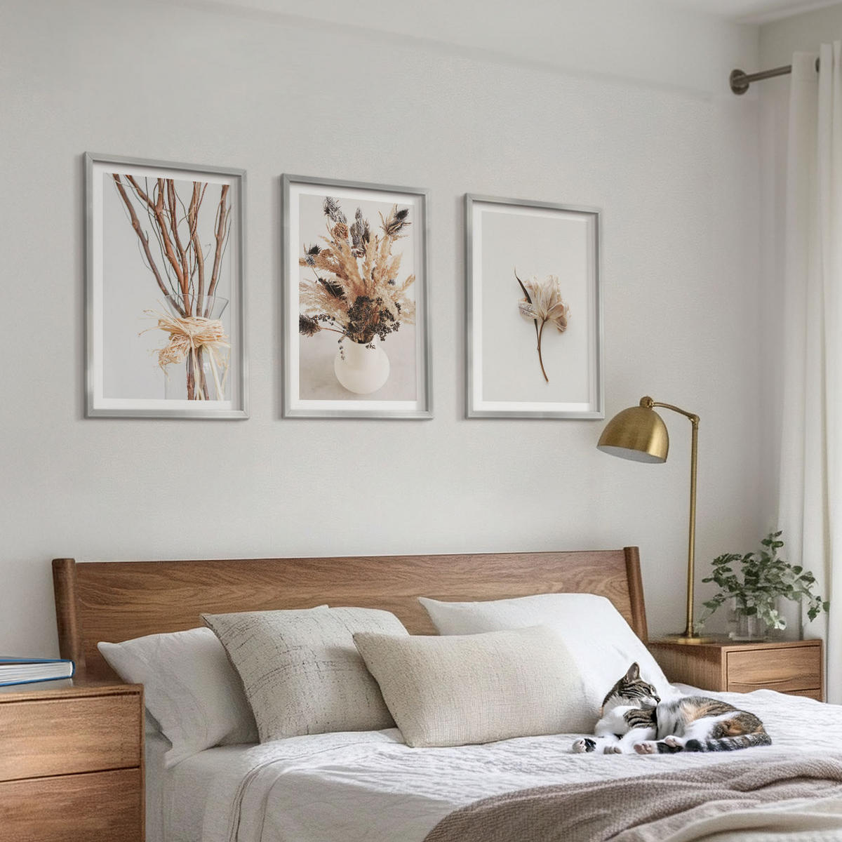 WANDBILDER 3er Set - 40x60 cm Silberner Rahmen - Blumenzweige minimalistisch - Silberfarben, Kunststoff (40/60cm) - ArtPrintCave