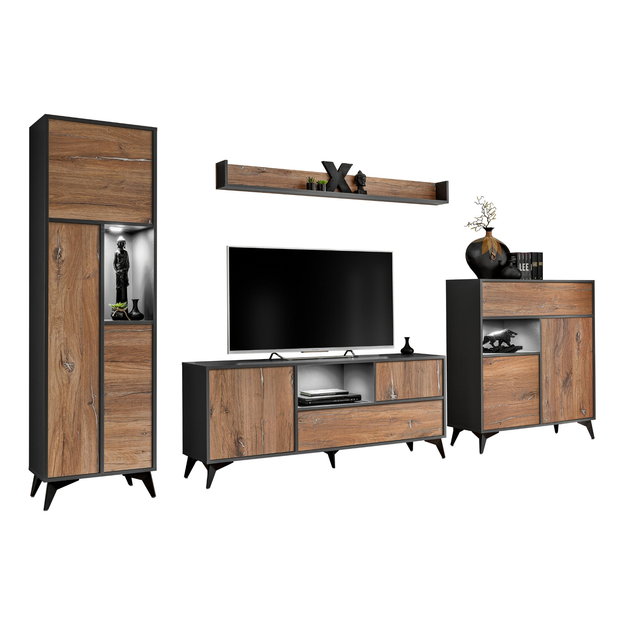 WOHNWAND ORVIETO Set RTV, Set aus 4 Wohnzimmermöbeln, Eiche, Anthrazit, Weiß LED Beleuchtung - Eichefarben/Anthrazit, Holzwerkstoff (350/178/40cm) - Komodee