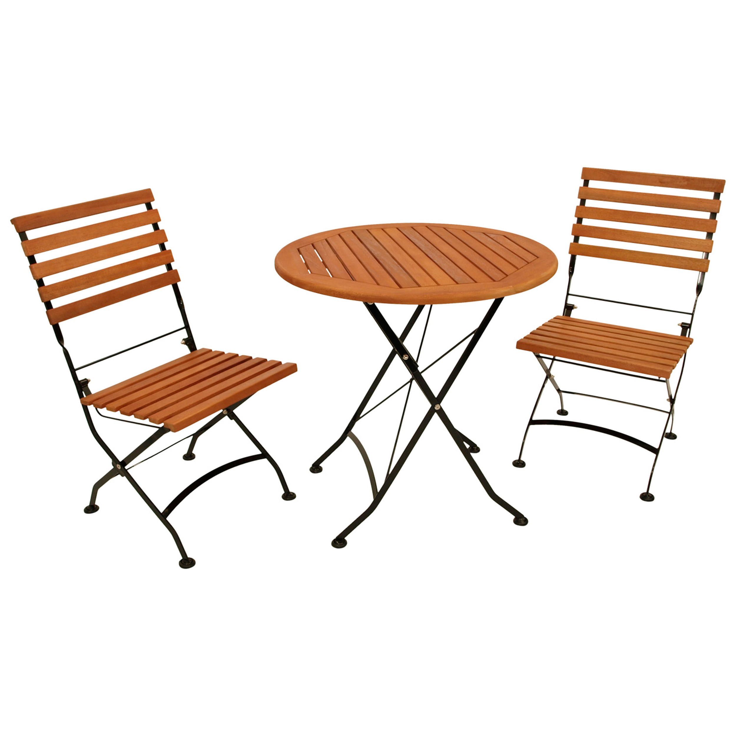 GARTENESSGRUPPE Bad Belzig - 3-teilig (2x Stuhl, 1x Tisch 75cm rund), Gestell Flachstahl schwarz, Latten Eukalyptusholz, FSC®-zertifiziert. - Schwarz, Metall - TPFGarden