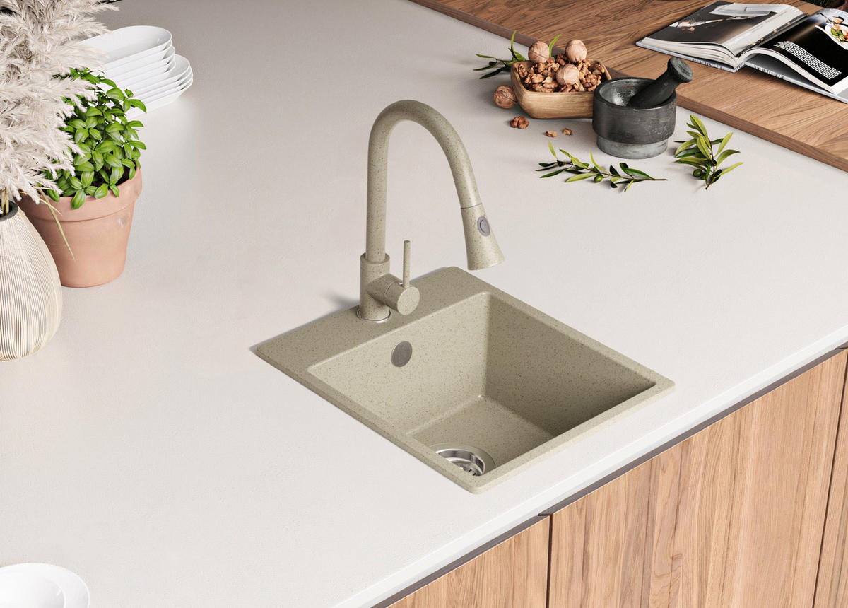 SPÜLBECKEN Riga Easy, 2-er set Beige 38/44 cm 1 Becken + Ablauf-Set ab 40er Unterschrank - Chromfarben/Beige, Kunststoff (38/19/44cm) - Primagran