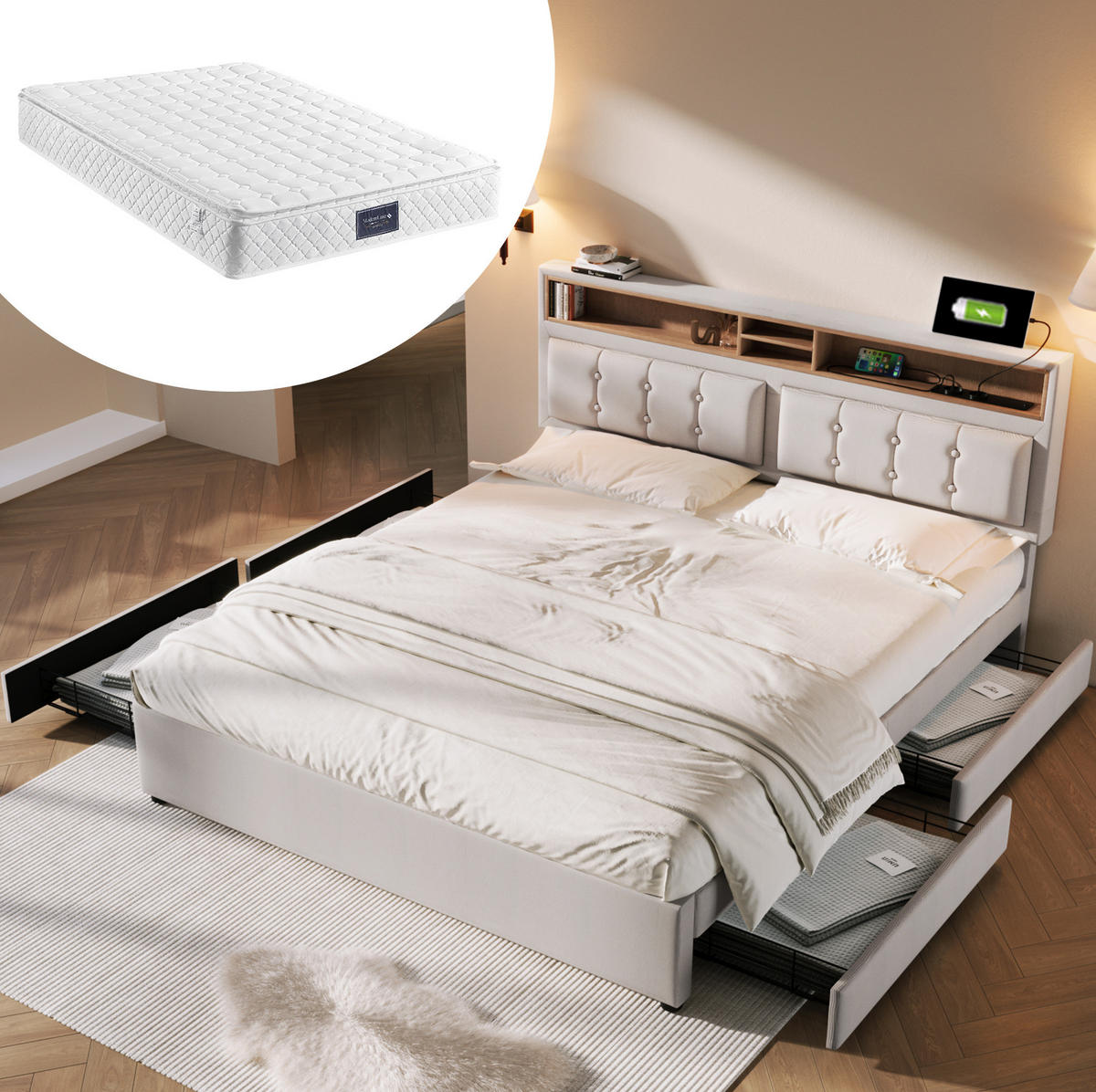POLSTERBETT 140/200 cm mit Matratze, 4 Schubladen und verstellbarem Kopfteil - Beige, Textil (140/200cm) - BEAOK