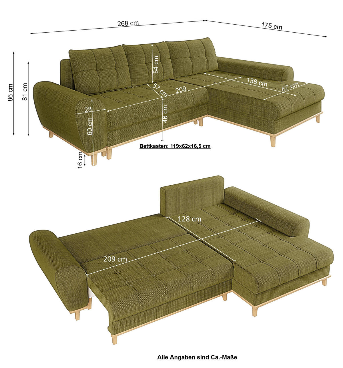 ECKSOFA im Scandi-Stil, Schlaffunktion, Bettkasten B268/T175/H86 cm, Ottomane rechts, Liegefl. 128x209 cm, Bouclé Chenille Stoff in Grün / 21015 - Eichefarben/Grün, Holz/Textil (268/175cm) - luma-home