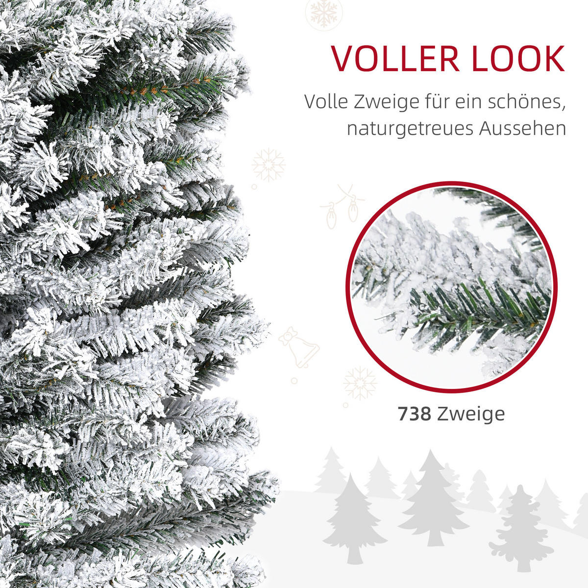 KÜNSTLICHER-WEIHNACHTSBAUM, 225 cm Bleistift Kiefernbaum mit Schnee 738 Spitzen - Grün, Kunststoff (225cm) - HOMCOM
