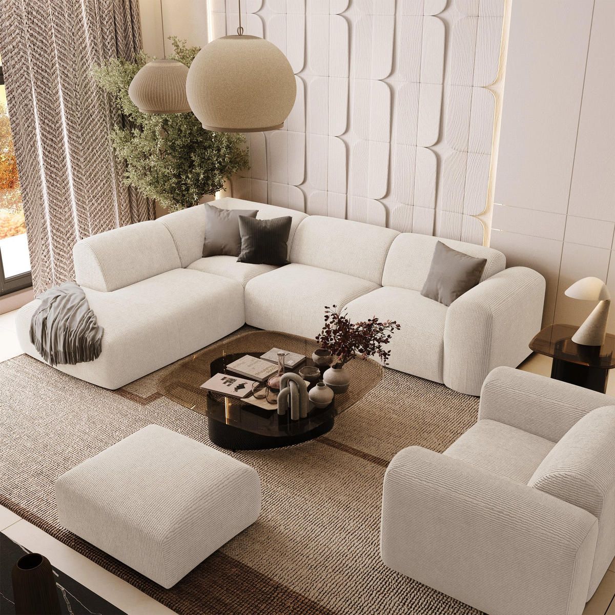 ECKSOFA LINKS Gerippter Samt Creme 269cm - Creme, Textil (221/269cm) - Sia Home