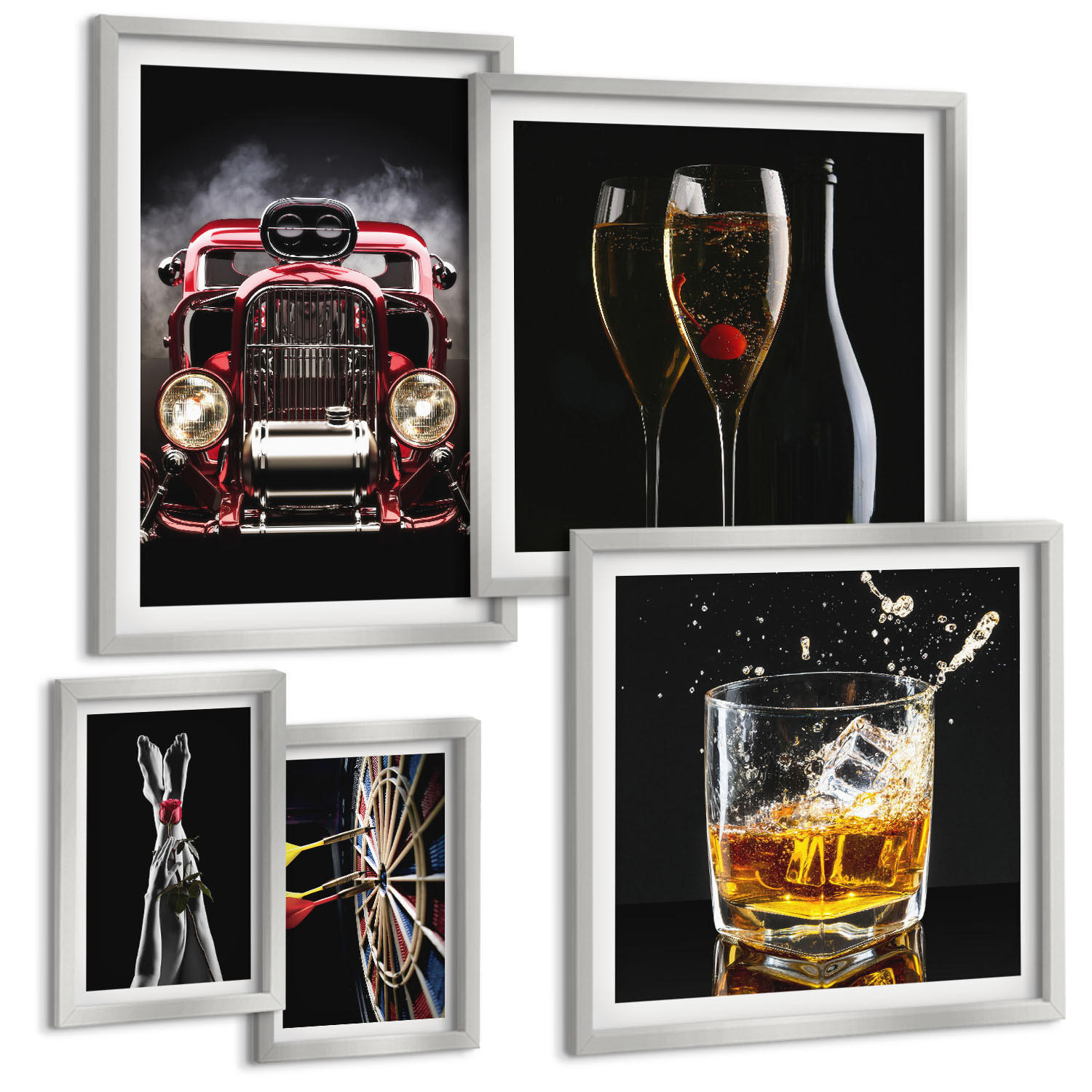 BILDER SET 5er Set - 50x50 cm & 20x30 cm & 40x60 cm Silberner Rahmen - Frauenbeine Rosenwagen Wein - Silberfarben, Kunststoff (40/60cm) - TULUP