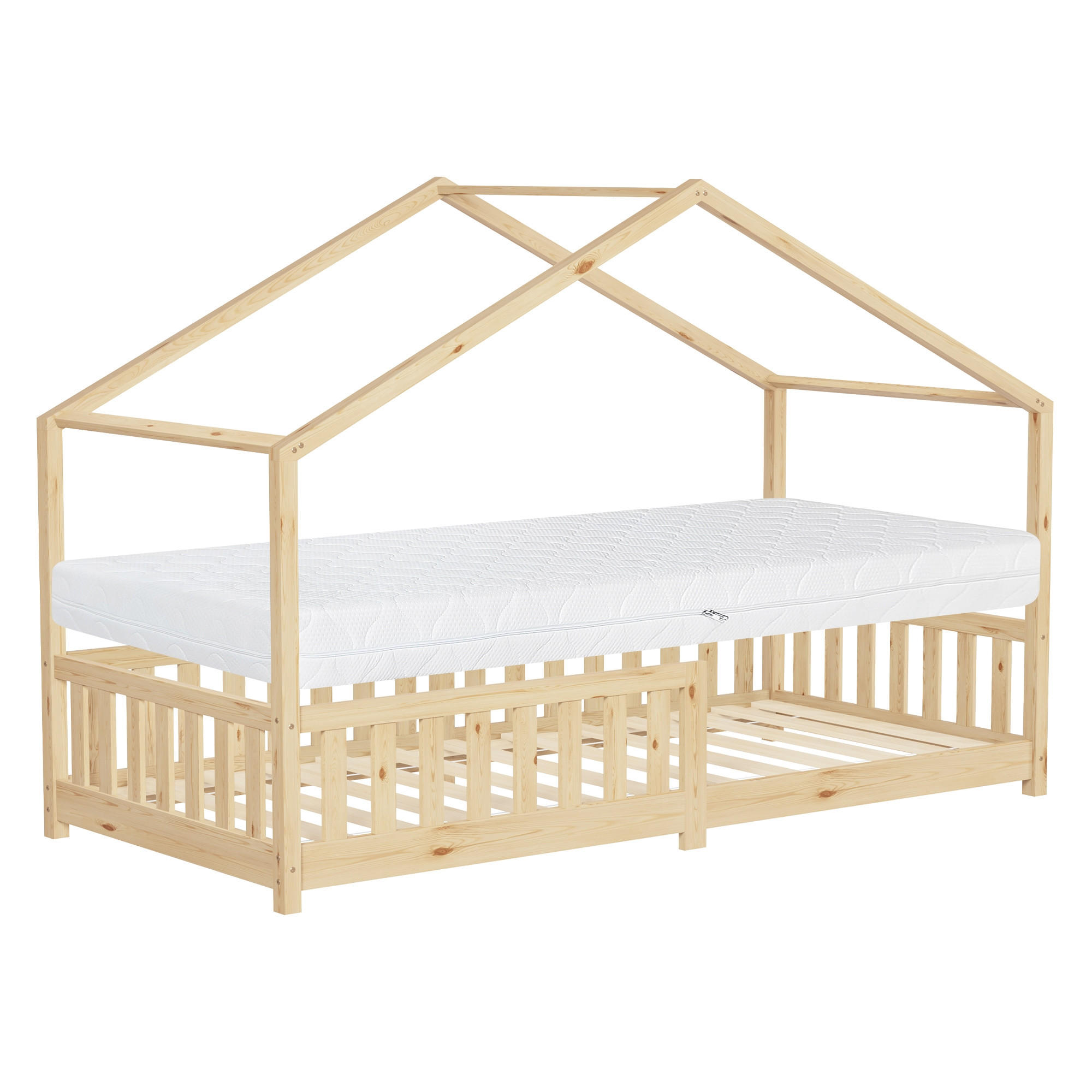 ML-DESIGN POSTEL VE TVARU DOMU s matrací 90 x 200 cm, výška 16 cm, přírodní borovice s ochranou proti vypadnutí