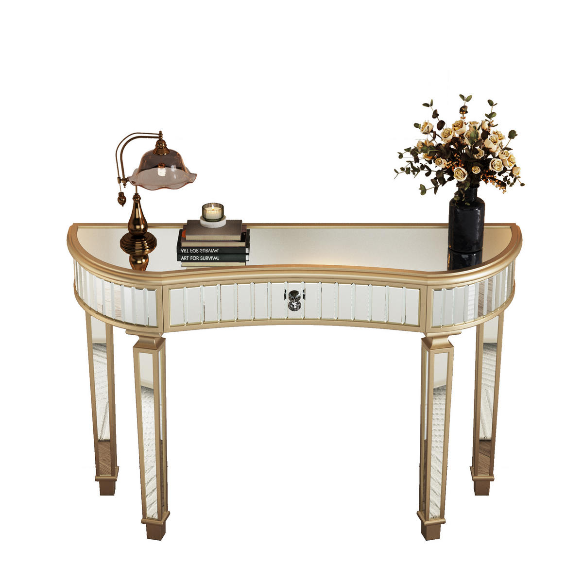 KONSOLENTISCH DE-37268 120 cm halbmondförmig mit Spiegel Gold - Goldfarben, Holzwerkstoff (120/38/78cm) - ComfortXL