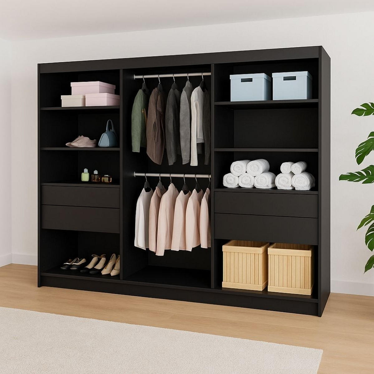 SCHWEBETÜRENSCHRANK Lami mit Spiegel und Lamellen, 215x200x61cm, Schwarz+Weiß - Schwarz/Weiß, Holzwerkstoff (200/215/61cm) - AN-Moebel 4u