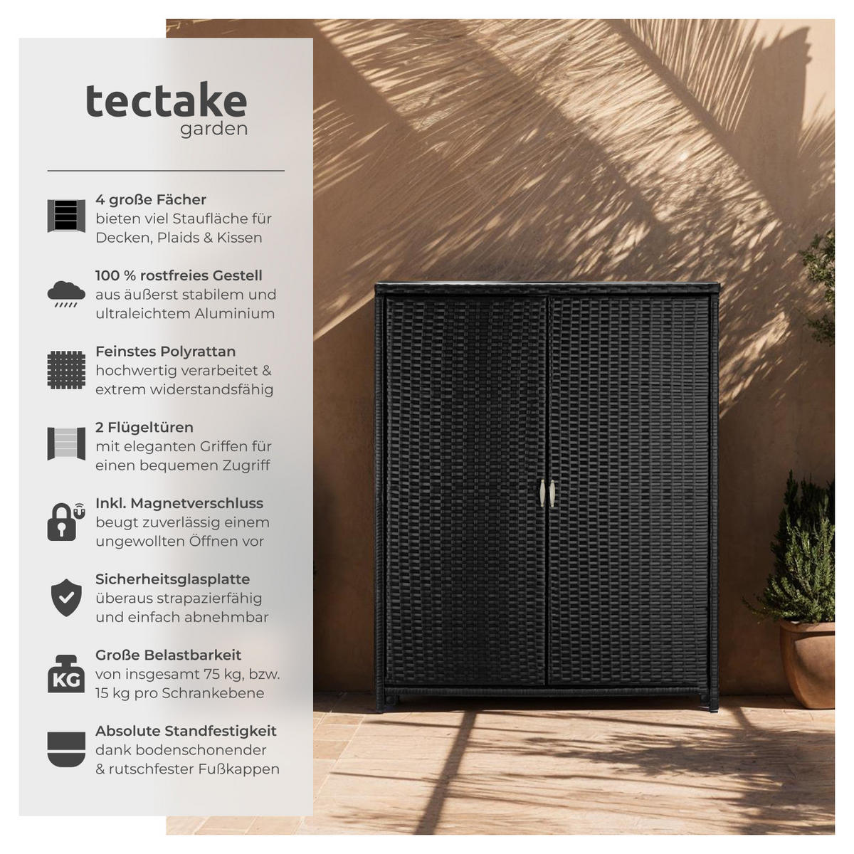 GARTENSCHRANK Monza,84,5 x 40,5 x 103,5 cm,schwarz - Schwarz, Kunststoff (84.5/103.5/40.5cm) - tectake