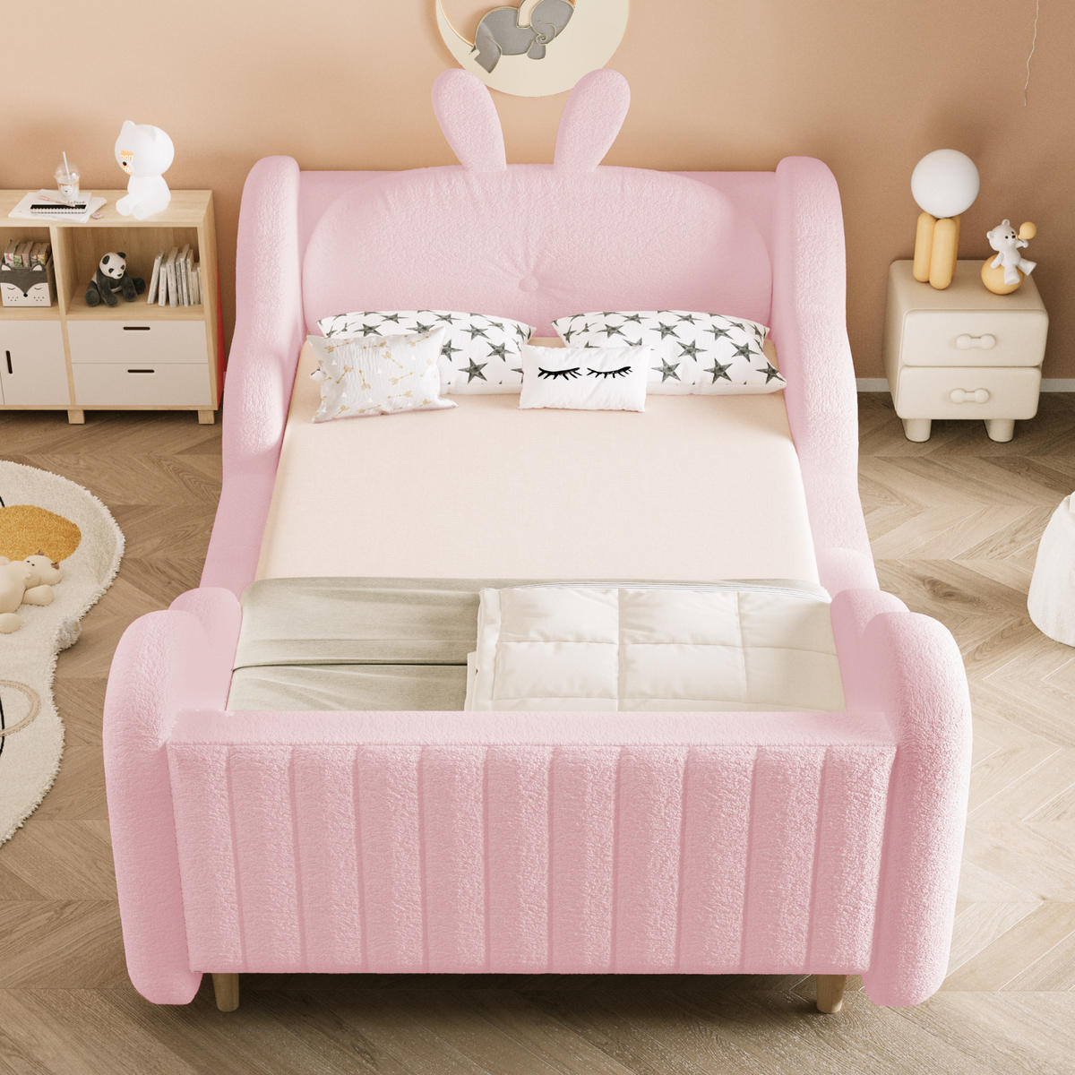 KINDERBETT 90/200 cm in Rosa mit Lattenrost Stoff Hasendesign - Rosa/Naturfarben, Holzwerkstoff/Textil (90/200cm) - STILVORA